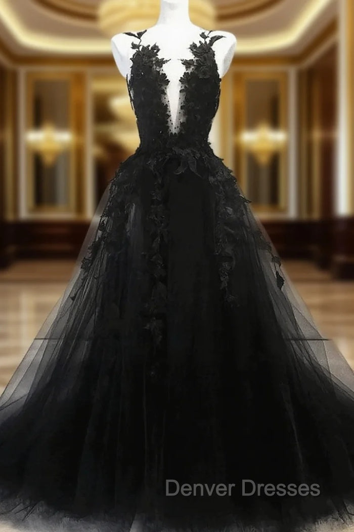 Black A-line Tulle with Lace Long Party Dress, Black Formal Dress Prom Dress Main image