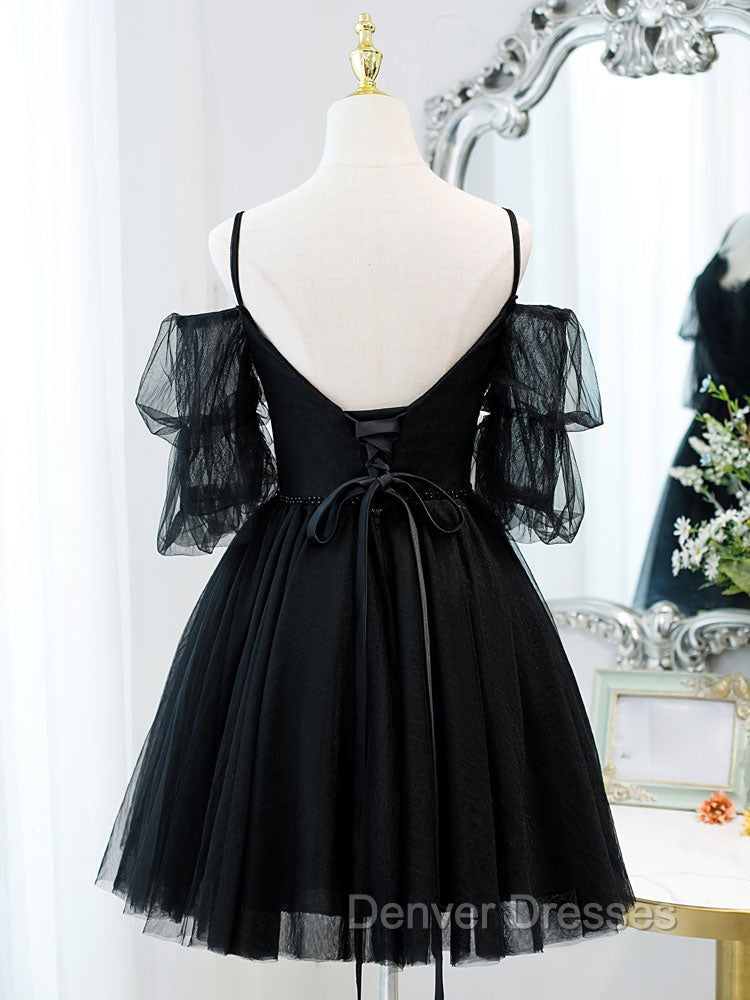 Black A line V Neck Lace Short/Mini Prom Dress, Black Puffy Homecoming Dress