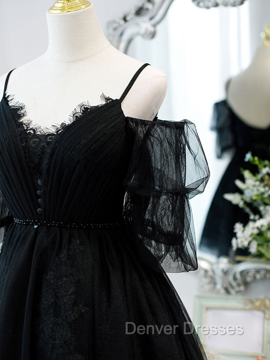 Black A line V Neck Lace Short/Mini Prom Dress, Black Puffy Homecoming Dress