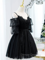 Black A line V Neck Lace Short/Mini Prom Dress, Black Puffy Homecoming Dress