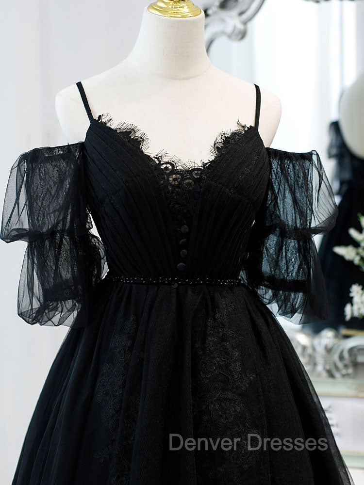 Black A line V Neck Lace Short/Mini Prom Dress, Black Puffy Homecoming Dress