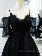 Black A line V Neck Lace Short/Mini Prom Dress, Black Puffy Homecoming Dress