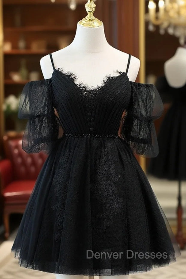 Black A line V Neck Lace Short/Mini Prom Dress, Black Puffy Homecoming Dress Main image