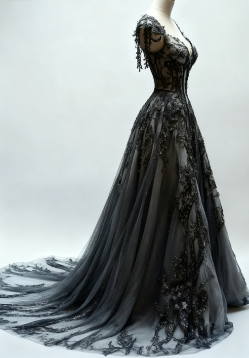 Black Appliques A-Line V-Neck Lace Tulle Sequin Long Prom Dress, Dark Gray Formal Evening Gowns
