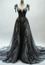 Black Appliques A-Line V-Neck Lace Tulle Sequin Long Prom Dress, Dark Gray Formal Evening Gowns