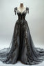 Black A-Line V-Neck Lace Tulle Sequin Long Prom Dress, Black Vintage Formal Dress