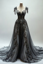 Black Appliques A-Line V-Neck Lace Tulle Sequin Long Prom Dress, Dark Gray Formal Evening Gowns