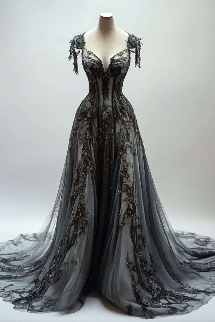 Black Appliques A-Line V-Neck Lace Tulle Sequin Long Prom Dress, Dark Gray Formal Evening Gowns
