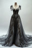 Black Appliques A-Line V-Neck Lace Tulle Sequin Long Prom Dress, Dark Gray Formal Evening Gowns
