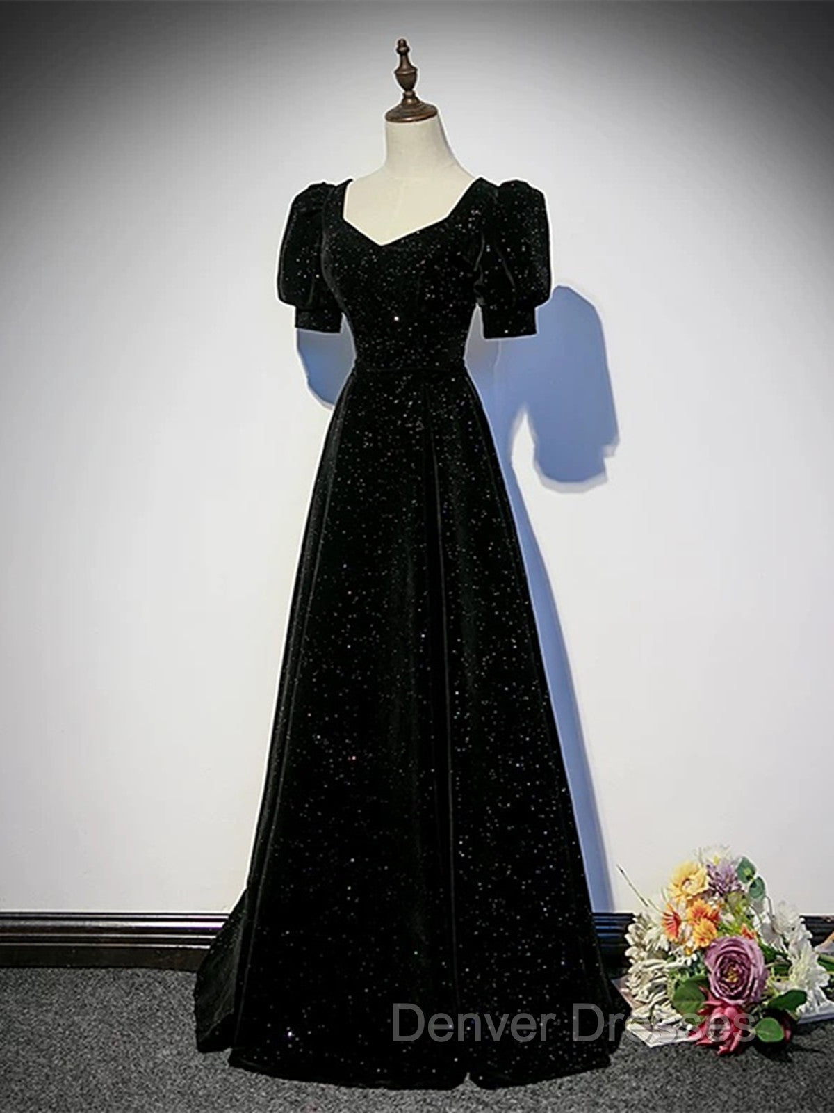 Black A-line Velvet Long Prom Dress Party Dress, Black Short Sleeves Prom Dress Secondary image
