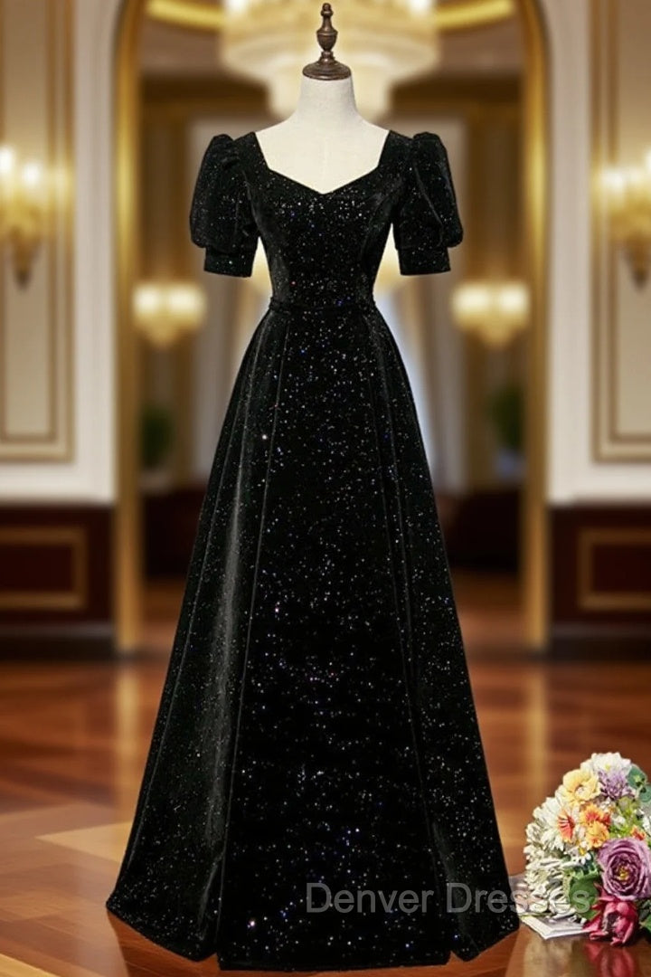 Black A-line Velvet Long Prom Dress Party Dress, Black Short Sleeves Prom Dress Main image