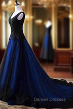 Black and Blue V-neckline Lace Applique Long Formal Dress, Black and Blue Prom Dress