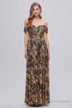 Black and Brown Floral Print Off-the-Shoulder A-Line Long Prom Dress