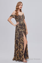 Black and Brown Floral Print Off-the-Shoulder A-Line Long Prom Dress