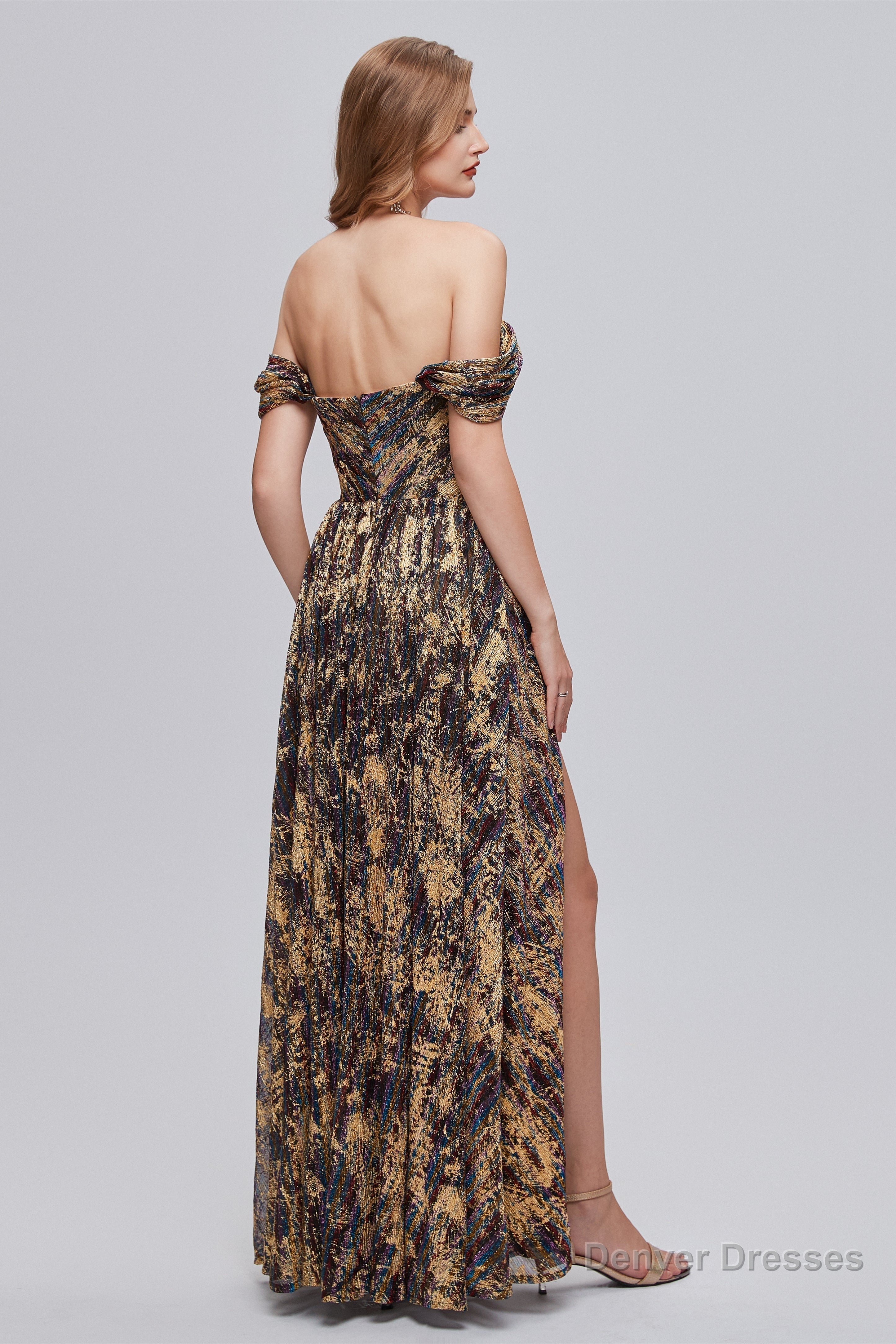 Black and Brown Floral Print Off-the-Shoulder A-Line Long Prom Dress