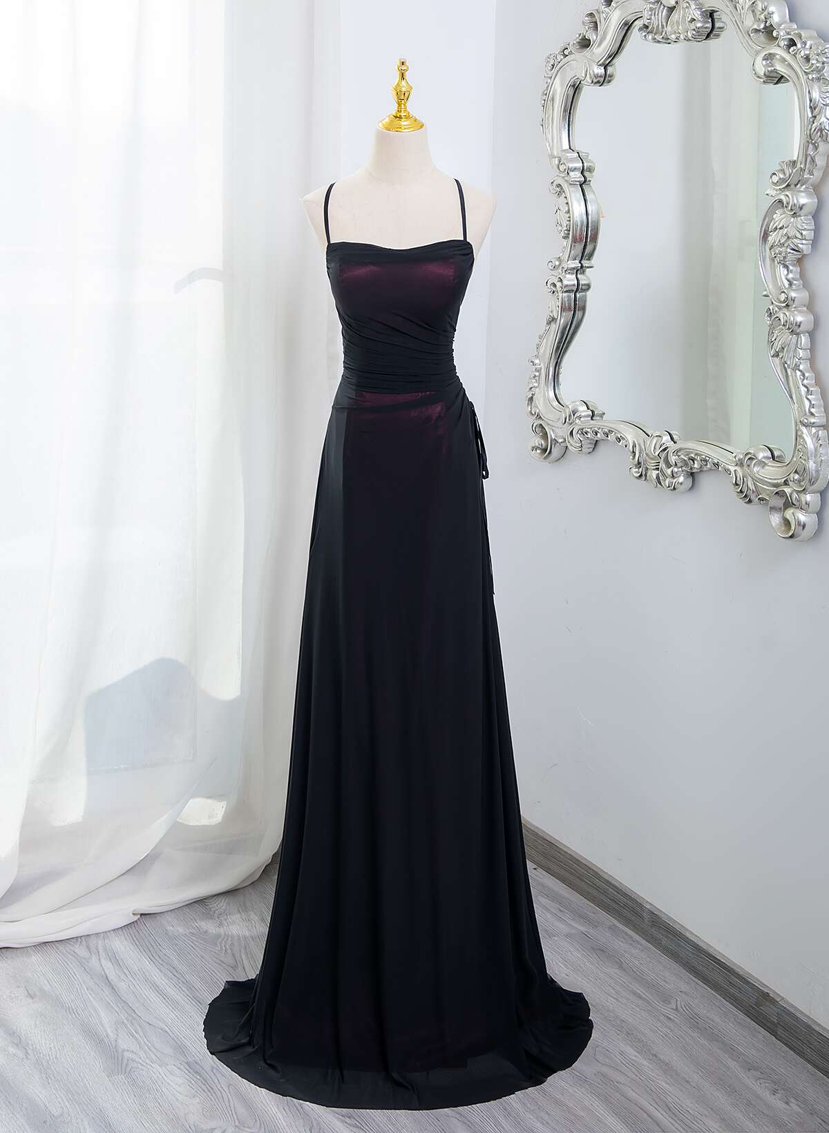 Black And Burgundy Scoop Straps Lace-Up Long Party Dress, Simple Long Prom Dress