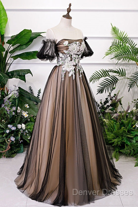 Black And Champagne Short Sleeves Tulle With Lace Party Dress, A-Line Floor Length Prom Dress Secondary image