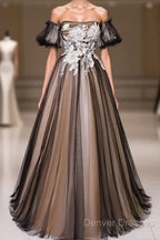 Black And Champagne Short Sleeves Tulle With Lace Party Dress, A-Line Floor Length Prom Dress