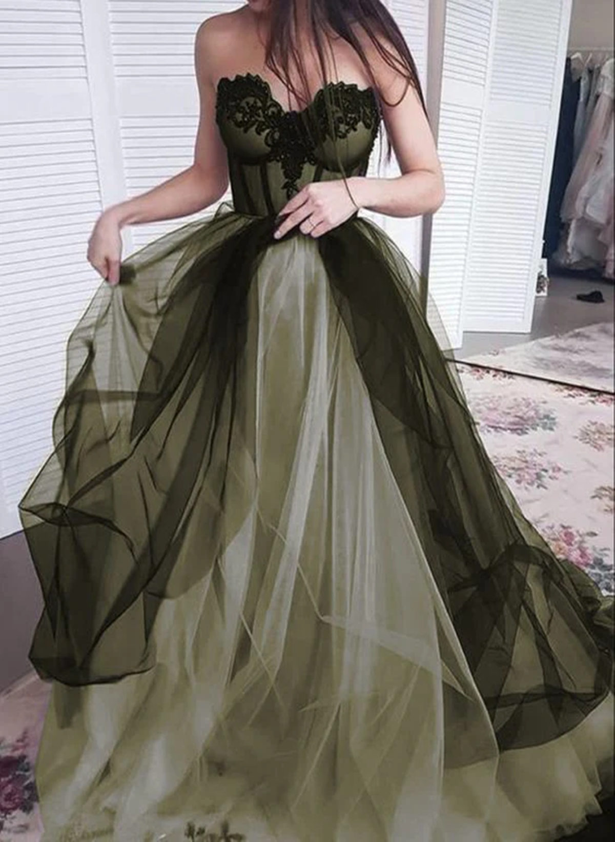 Black And Green Sweetheart Tulle With Lace Formal Dress, A-Line Lace-Up Prom Dress Main image