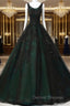 Black and Green Tulle with Lace Long Party Dress, A-line Low Back Evening Dress