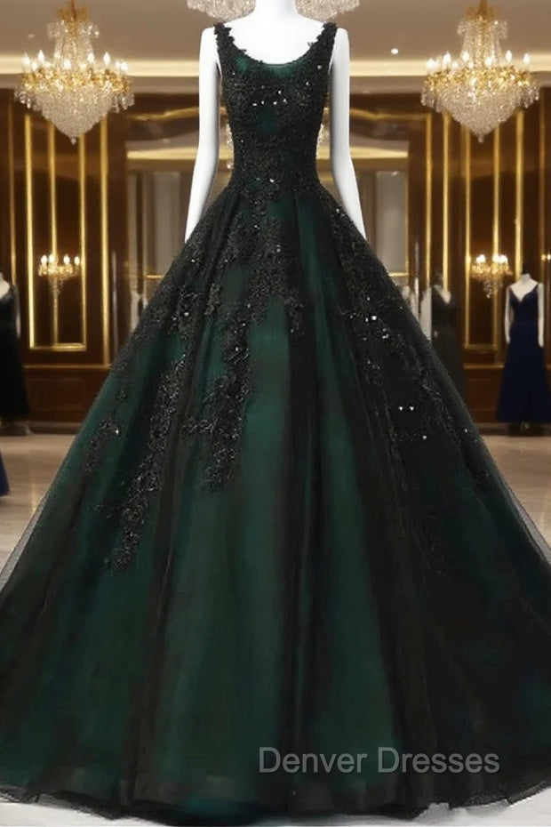Black and Green Tulle with Lace Long Party Dress, A-line Low Back Evening Dress
