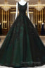 Black and Green Tulle with Lace Long Party Dress, A-line Low Back Evening Dress
