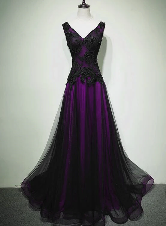 Black And Purple Tulle V-Neckline Beaded Prom Dress, Long Tulle Formal Dress Evening Dress Main image