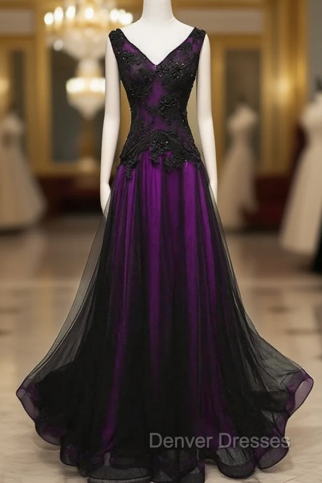 Black and Purple V-neckline A-line Prom Dress, Tulle with Lace Party Dress Main image
