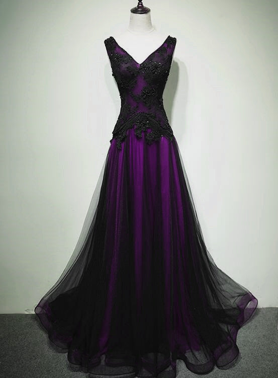 Black And Purple V-Neckline A-Line Prom Dress, Tulle With Lace Party Dress