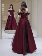 Black And Red A-Line Strapless Party Dress, Off Shoulder Tulle Prom Dress