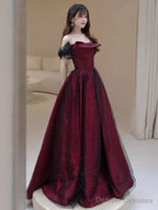 Black And Red A-Line Strapless Party Dress, Off Shoulder Tulle Prom Dress