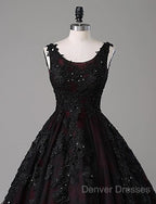 Black And Red Backless Tulle Long Formal Gown, Black And Red Long Prom Dress
