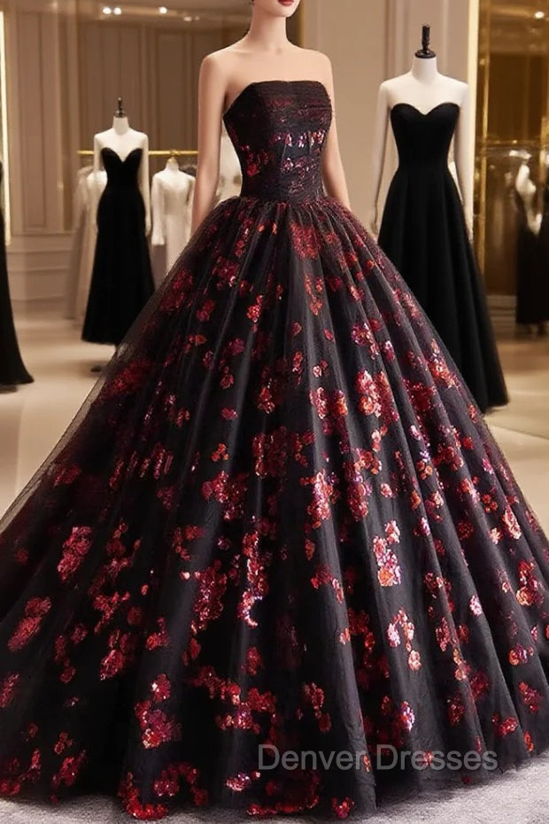 Black and Red Floral Tulle Long Party Dress, Strapless Formal Sweet 16 Dress Main image