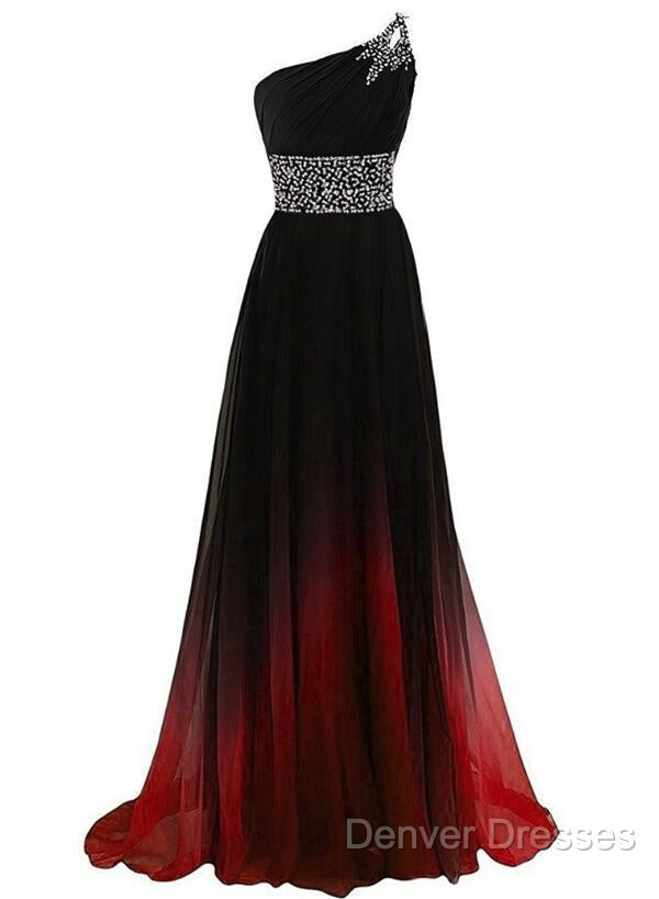 Black And Red Gradient Chiffon One Shoulder Beaded Party Dress, Cute Junior Prom Dress Secondary image