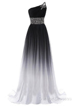 Black And Red Gradient Chiffon One Shoulder Beaded Party Dress, Cute Junior Prom Dress