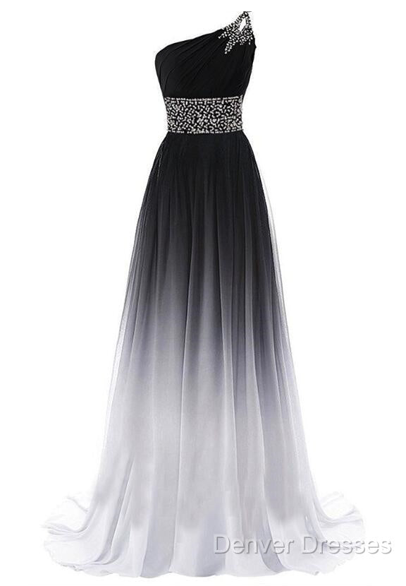 Black And Red Gradient Chiffon One Shoulder Beaded Party Dress, Cute Junior Prom Dress