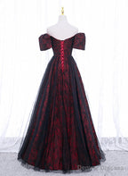 Black And Red Lace Sweetheart Long Party Dress, Black And Red A-Line Prom Dress