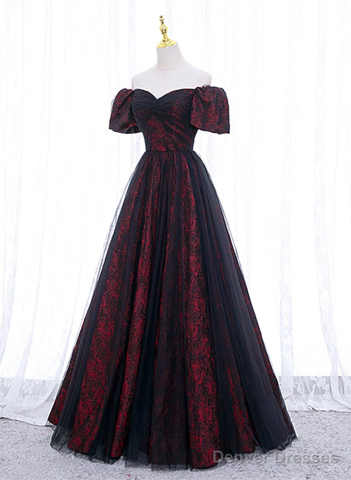 Black And Red Lace Sweetheart Long Party Dress, Black And Red A-Line Prom Dress