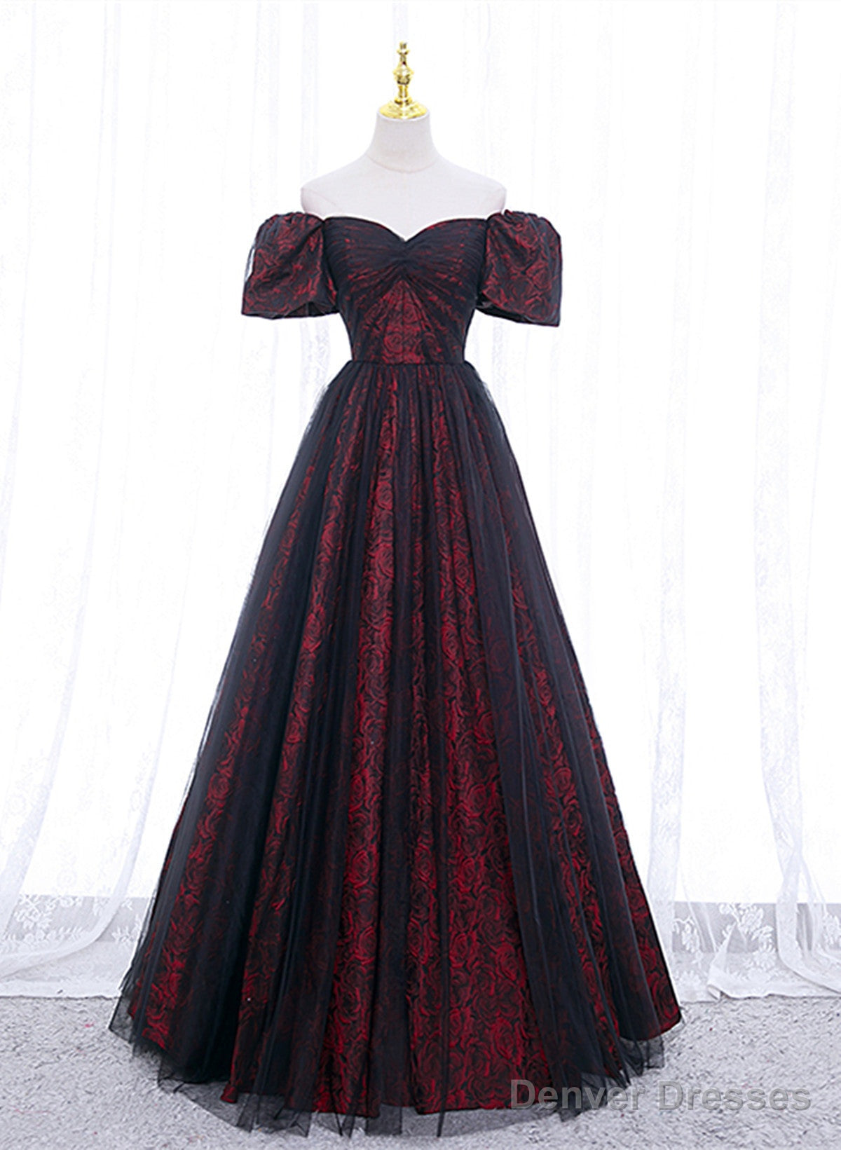 Black And Red Lace Sweetheart Long Party Dress, Black And Red A-Line Prom Dress Main image