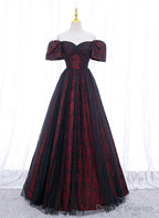 Black And Red Lace Sweetheart Long Party Dress, Black And Red A-Line Prom Dress