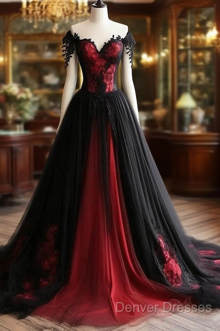 Black And Red Lace Tulle Off Shoulder Prom Dress, Black And Red Formal Dress Main image