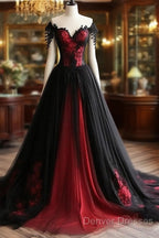 Black And Red Lace Tulle Off Shoulder Prom Dress, Black And Red Formal Dress
