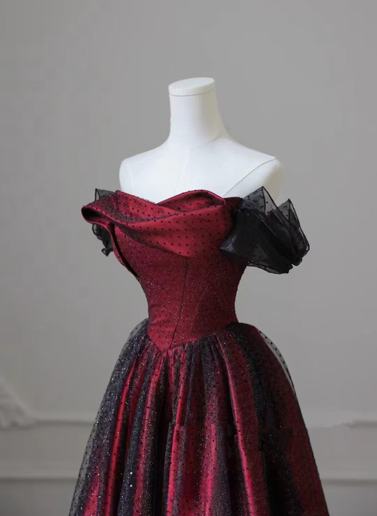 Black And Red Long Party Dress, Off Shoulder Tulle A-Line Prom Dress Secondary image