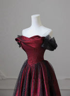 Black And Red Long Party Dress, Off Shoulder Tulle A-Line Prom Dress