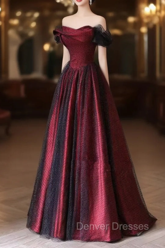 Black and Red Long Party Dress, Off Shoulder Tulle A-line Prom Dress Main image