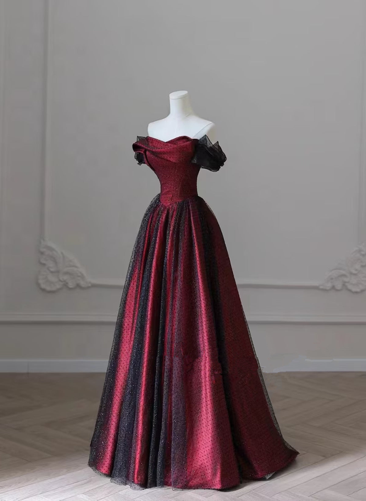 Black And Red Long Prom Dress Evening Dress, Off Shoulder A-Line Party Dress Main image