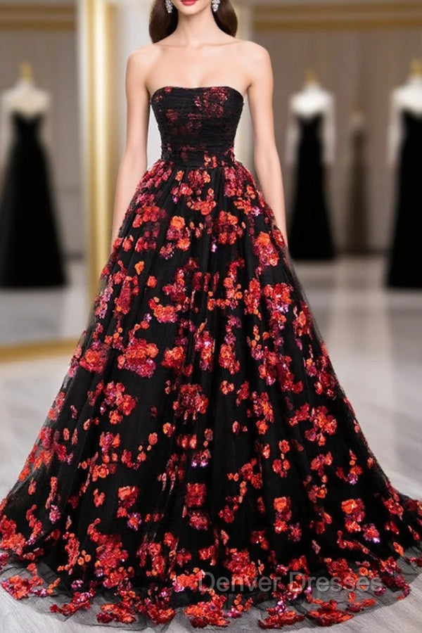 Black and Red Off Shoulder Floral Tulle Formal Dress, Floor Length Party Dress Main image