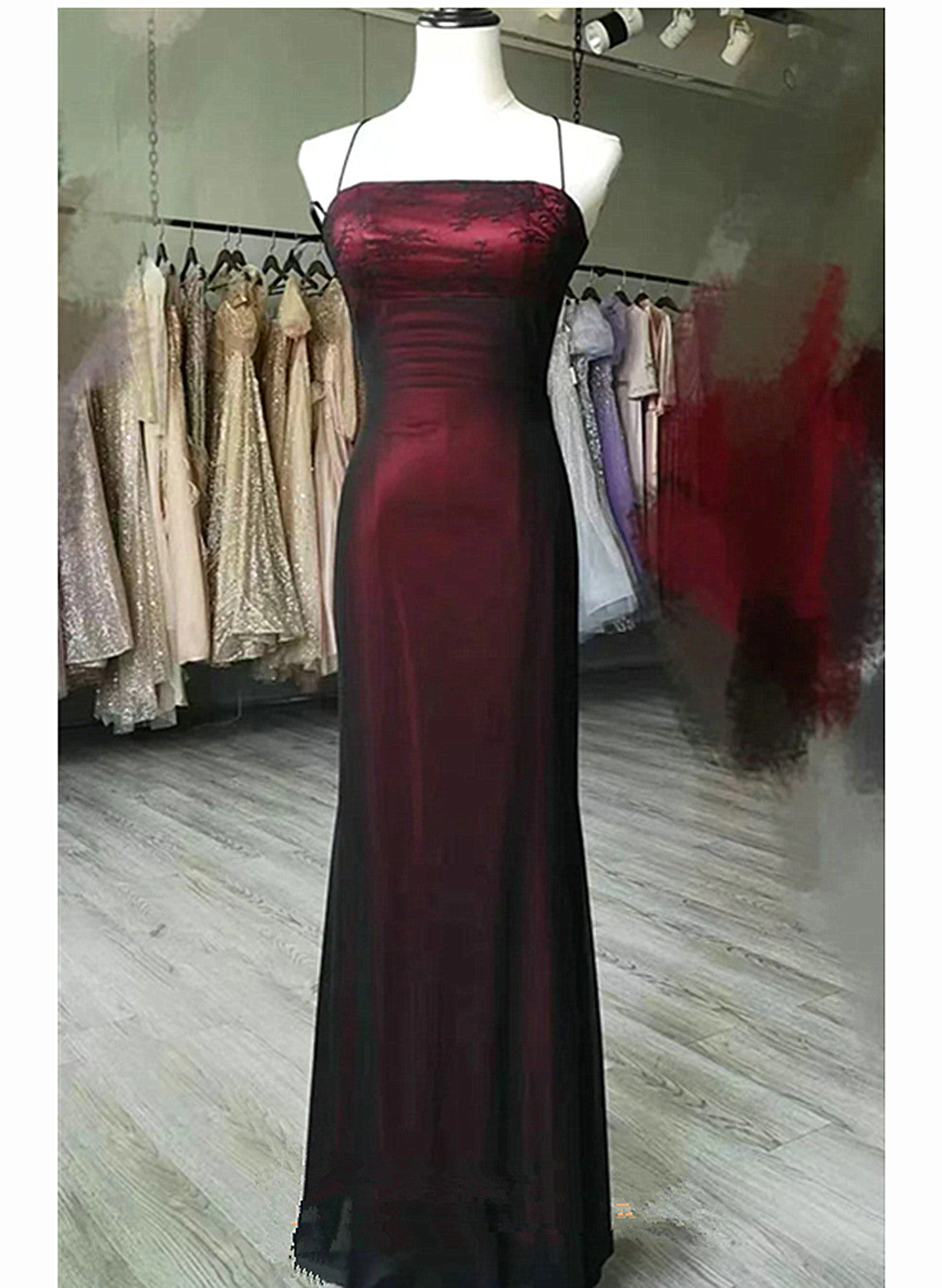 Black And Red Square Neckline Party Dress, Black And Red Long Prom Dress Main image