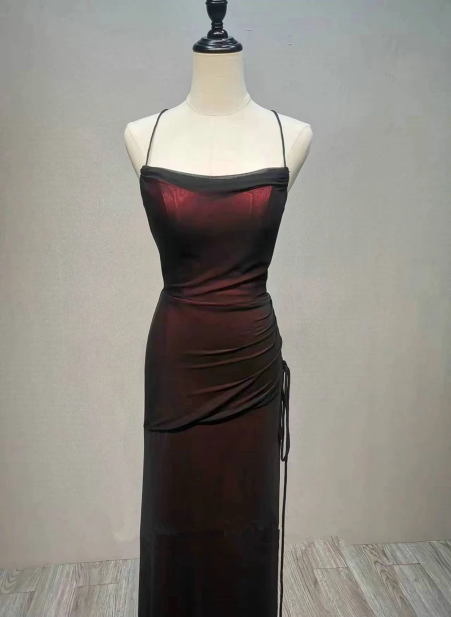 Black And Red Straps Long Simple Party Dress, Black And Red Prom Dress