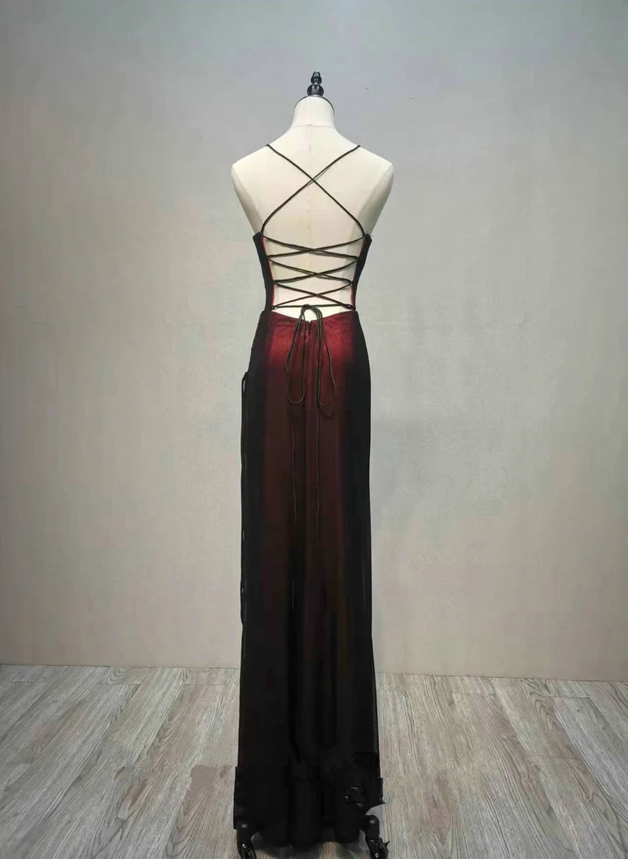 Black And Red Straps Long Simple Party Dress, Black And Red Prom Dress